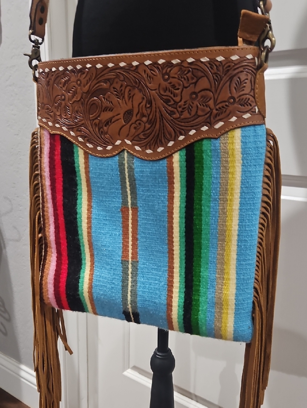 American Darling Large Western Tooled Leather Fringe Serape Crossbody Bag Purse